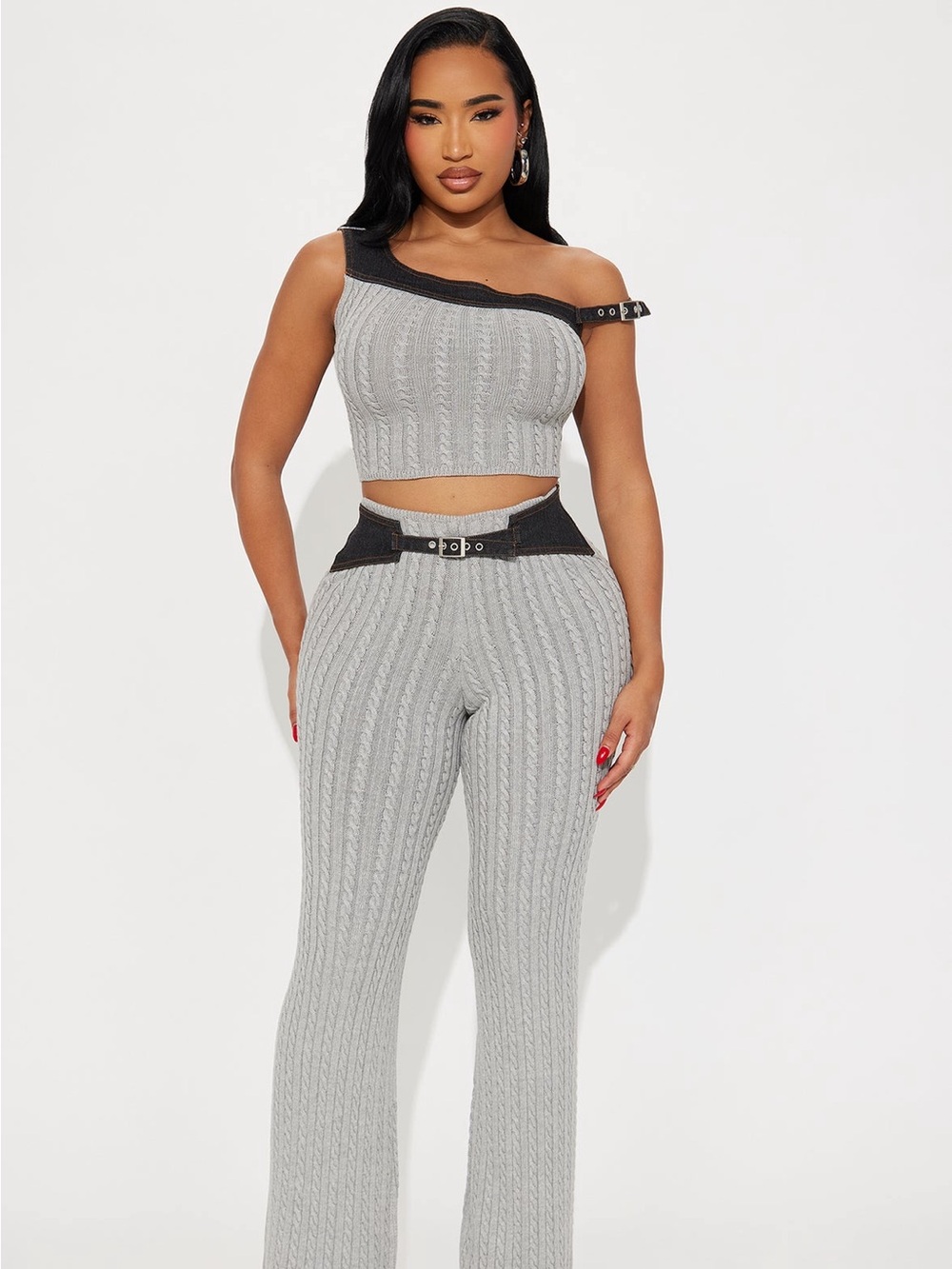 Fashion Nova Heather Grey Knit Two-Piece Set with Black Accents